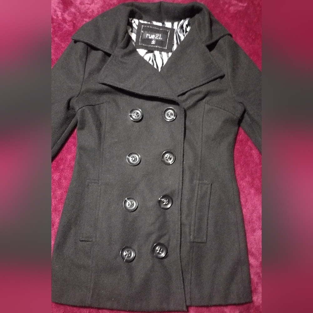 Black Wool Blend Double-Breasted Peacoat - Picture 8 of 14